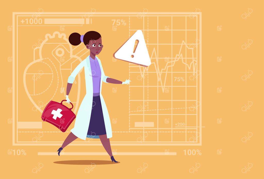 پزشک زن اورژانس آفریقایی-آمریکایی با جعبه کمک‌های اولیه در حال دویدن به سمت بیمارستان