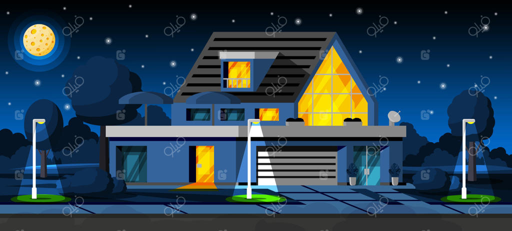 منظره‌ای با کلبه‌ای در شب. نمای بیرونی ساختمان روستایی. نمای خانه با درختان و باغ در حیاط جلو. خانه مدرن حومه‌ای. مفهوم املاک و مستغلات. تصویرسازی کارتونی ساده.