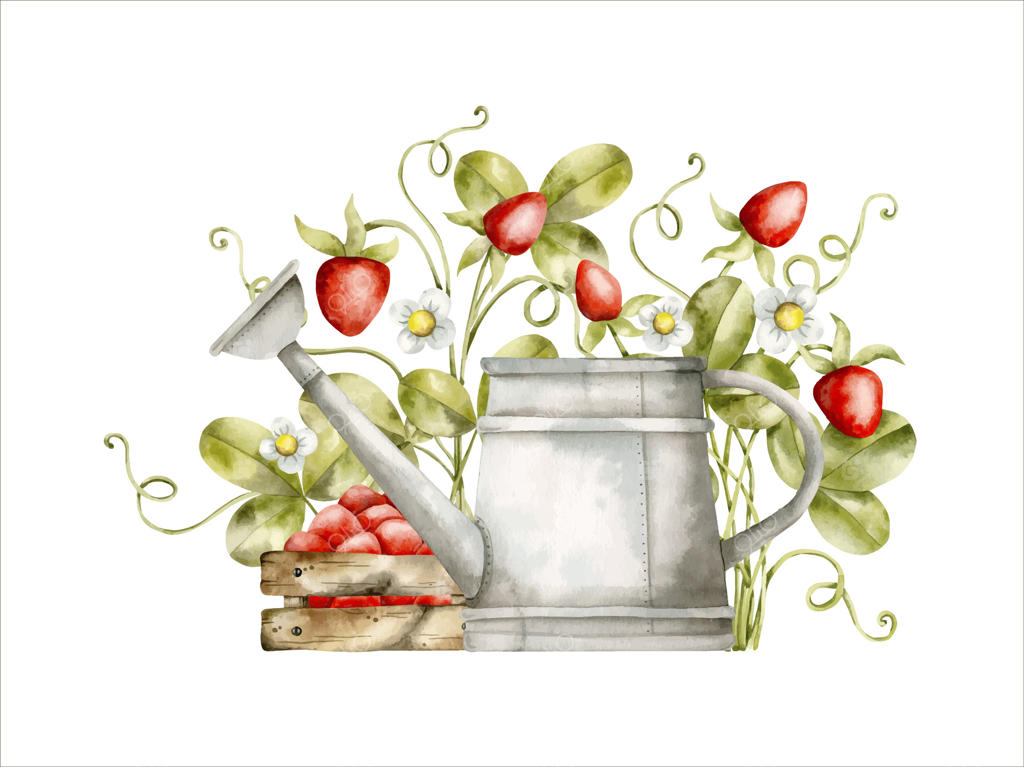 نقاشی دست‌ساز آبرنگی: آبپاش فلزی قدیمی و جعبه چوبی توت‌فرنگی همراه با بوته توت‌فرنگی؛ تصویر کارتونی برای کودکان