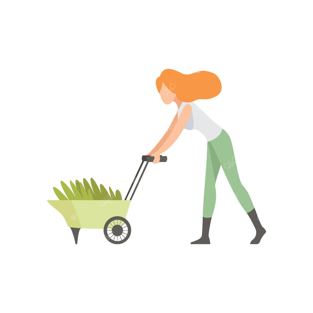 تصویری از دختری که چرخ‌دستی پر از نهال‌ها را هل می‌دهد و افرادی که در باغ مشغول کارند