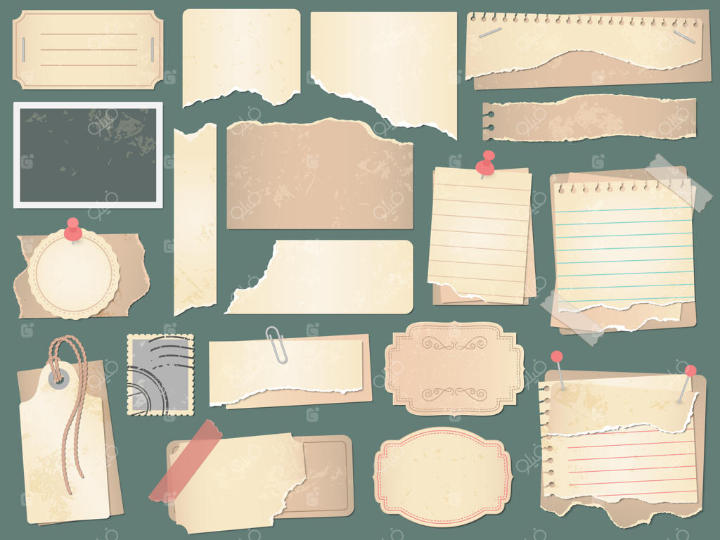 کاغذ قدیمی اسکرپ‌بوک: صفحات کاغذی چروکیده، کاغذهای اسکرپ‌بوک قدیمی و تصویرسازی قطعات کتاب عکس‌های نوستالژیک