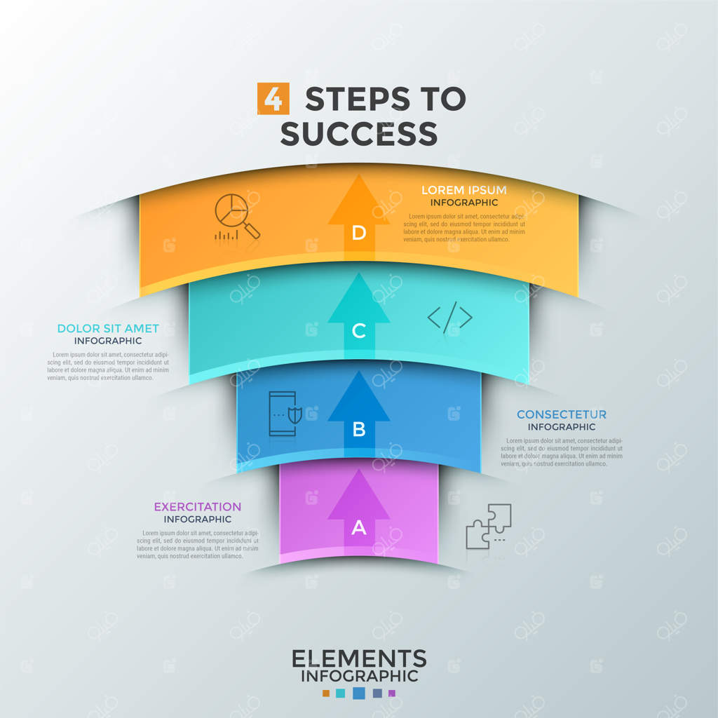 چهار عنصر قوسی رنگارنگ و همپوشانی با آیکون‌های خطی نازک، پیکان‌های رو به بالا و فضایی برای متن. مفهوم چهار گام برای موفقیت در کسب و کار. قالب طراحی اینفوگرافیک. تصویر وکتور.