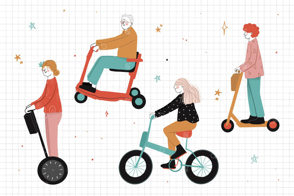 تصویرسازی از افراد در حال رانندگی وسایل نقلیه الکتریکی