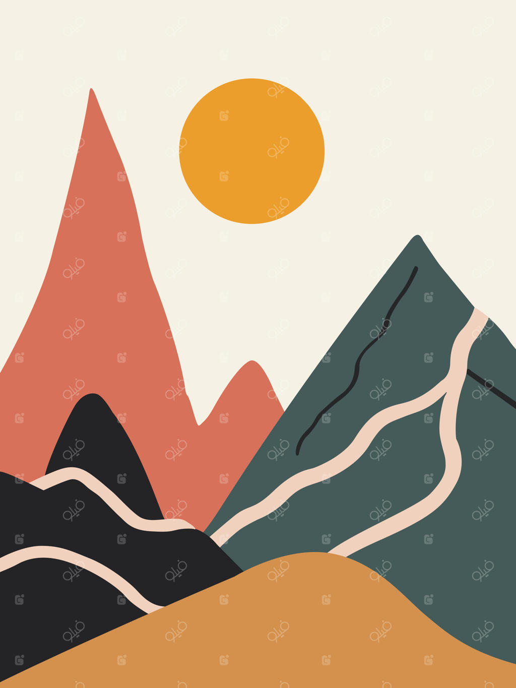 وکتور تابلو دیواری منظره انتزاعی و مدرن به سبک بوهو؛ طرح طبیعت شامل خورشید، آسمان و کوه‌ها
