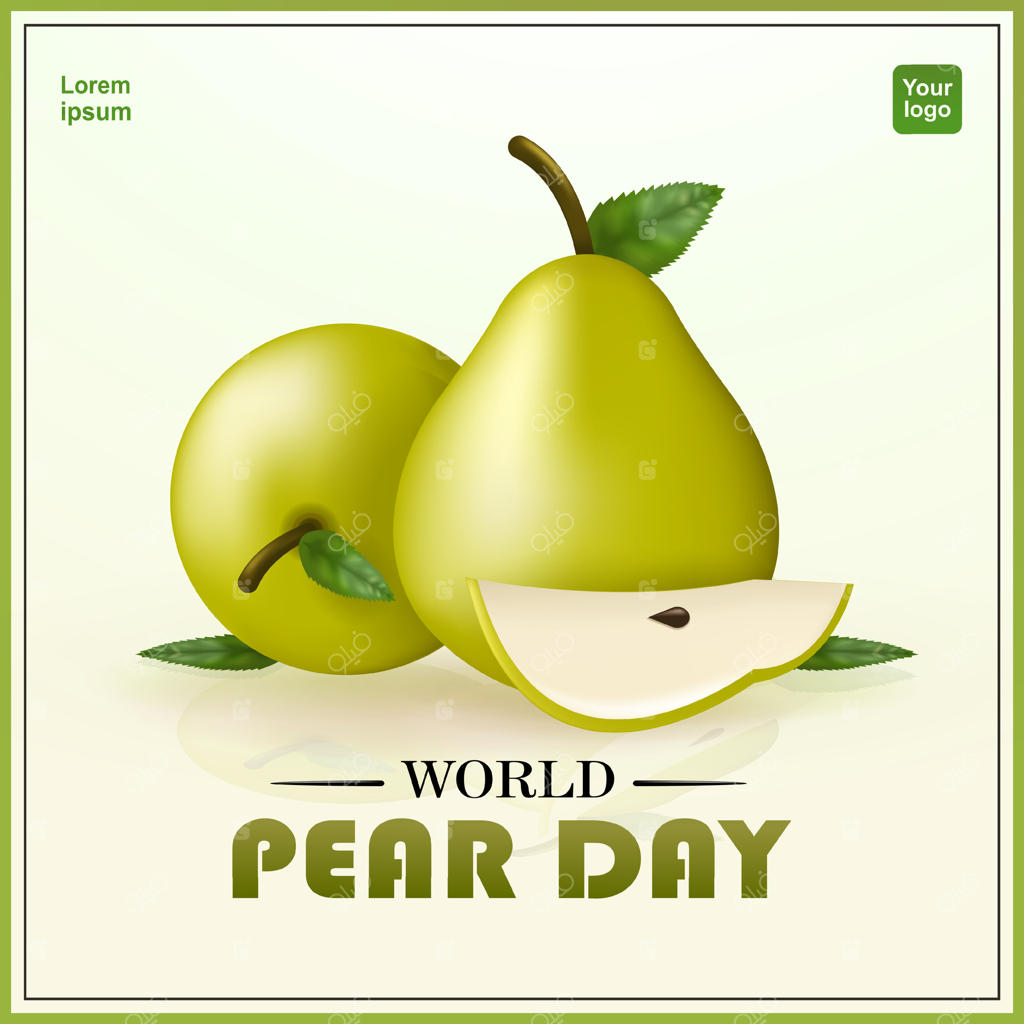 میوه گلابی سبز: تصویر سه‌بعدی از گلابی تازه نصف‌شده، کامل و با برگ‌ها - مناسب برای رویدادها و تبلیغات غذای سالم