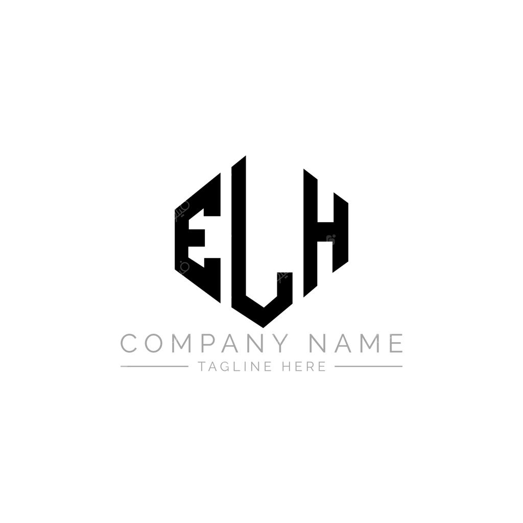 طراحی لوگوی حروف Elh با اشکال چندضلعی و مکعب، قالب وکتور شش‌ضلعی سیاه و سفید، مونوگرام تجاری و املاک