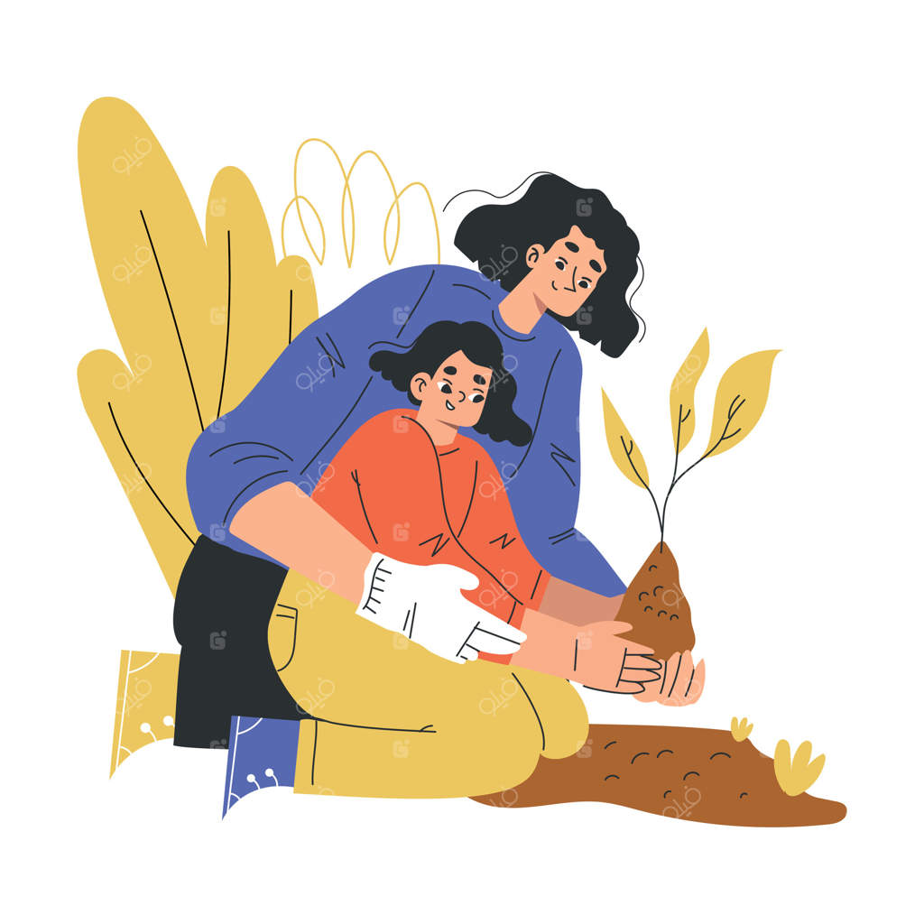 مادر و دختری که در باغچه نهالی می‌کارند و از فعالیت مشترک لذت می‌برند - تصویرسازی