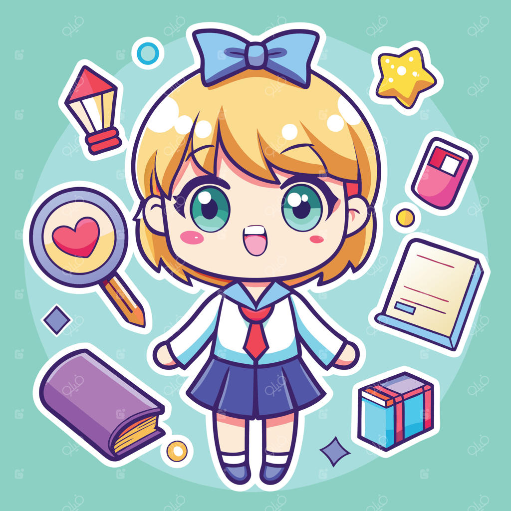 دختر کارتونی با لباس مدرسه در میان لوازم‌التحریر
