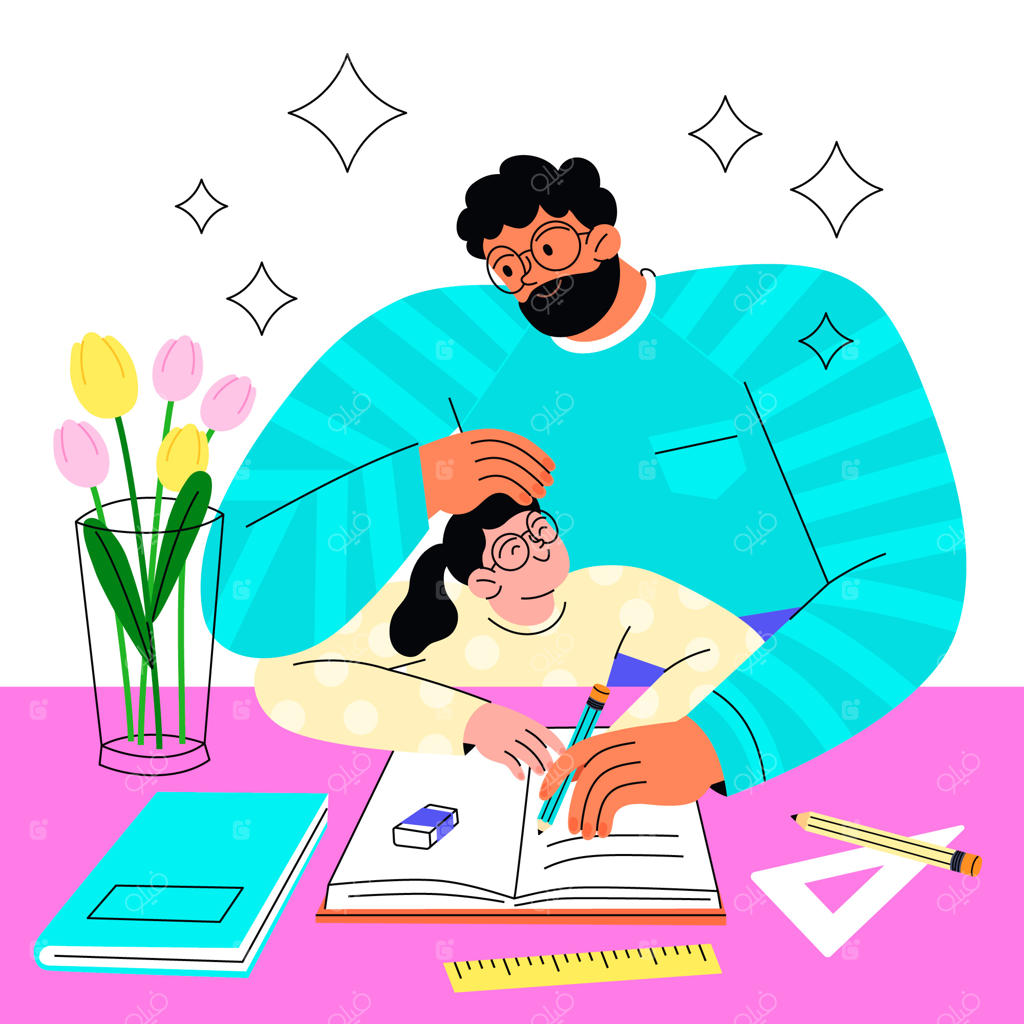 پدر در حال کمک به دخترش در انجام تکالیف