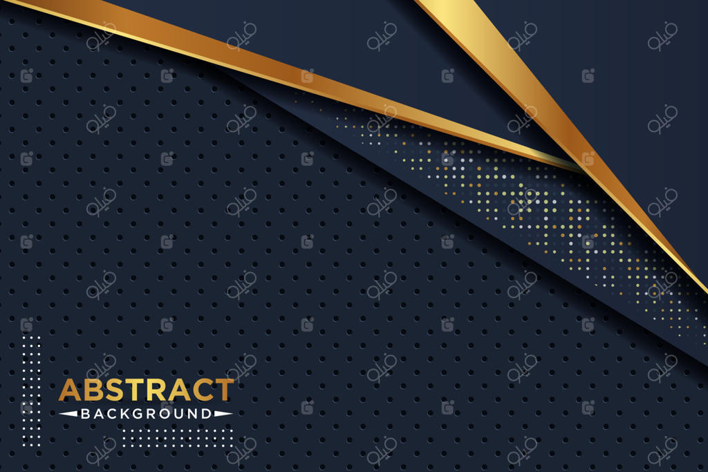 لایه‌های همپوشان آبی تیره با خطوط طلایی و بافت دایره‌ای همراه با تزئینات نقطه‌ای نقره‌ای و طلایی. وکتور EPS10