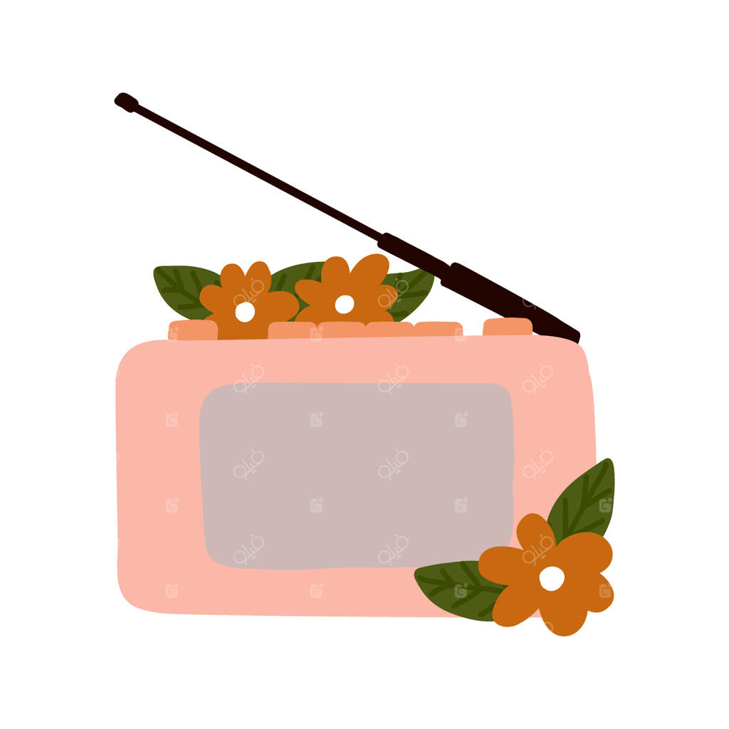 نقاشی دستی رادیوی رترو بامزه با گل‌های بهاری و برگ‌های باغ وحشی