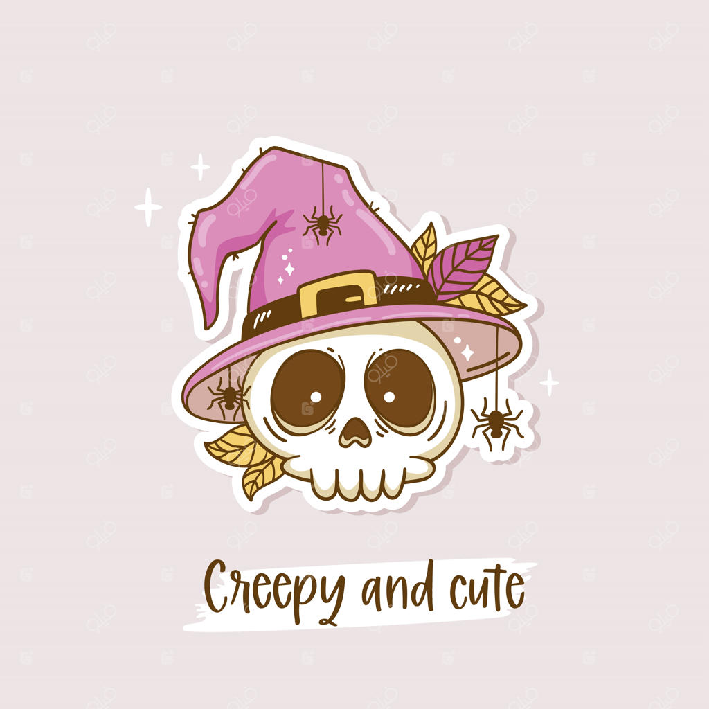 نقاشی هالووین صورتی. جمجمه‌های بامزه و ترسناک برای کارت پستال و دعوتنامه عالی هستند.