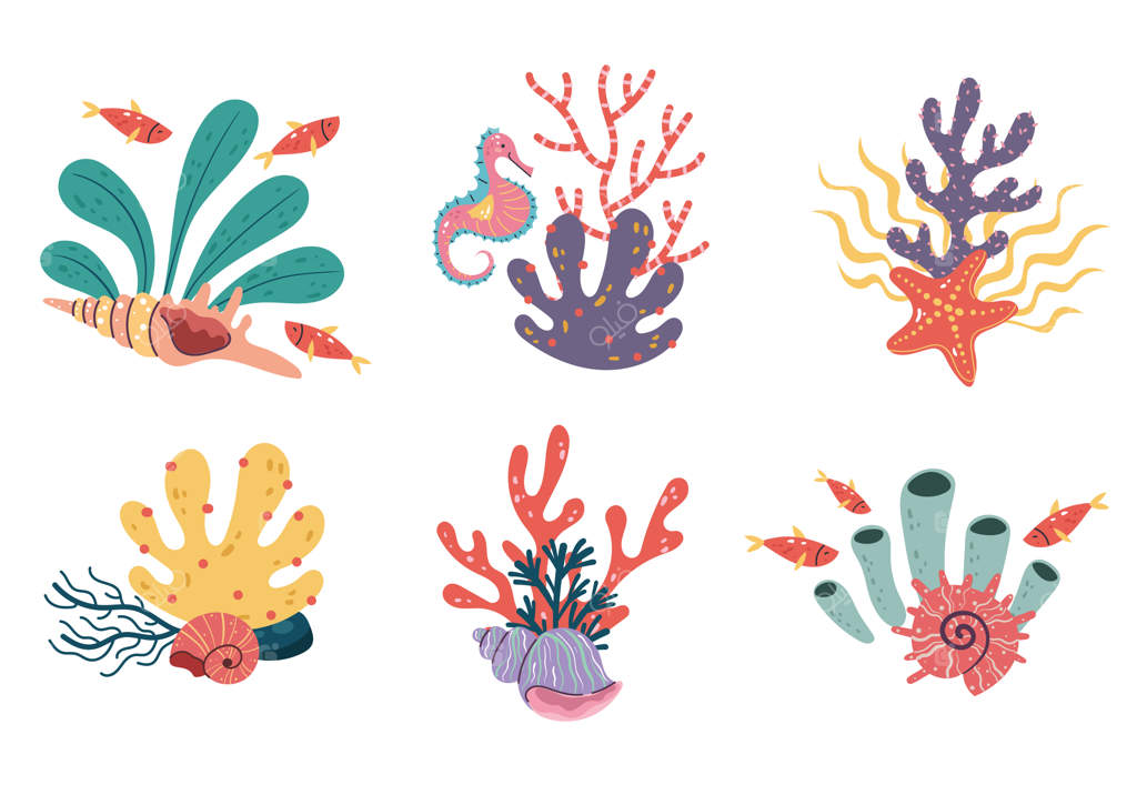 طرح‌های خطی از گیاهان دریایی مرجانی و جلبک‌ها در طبیعت استوایی - مجموعه‌ای از آثار هنری