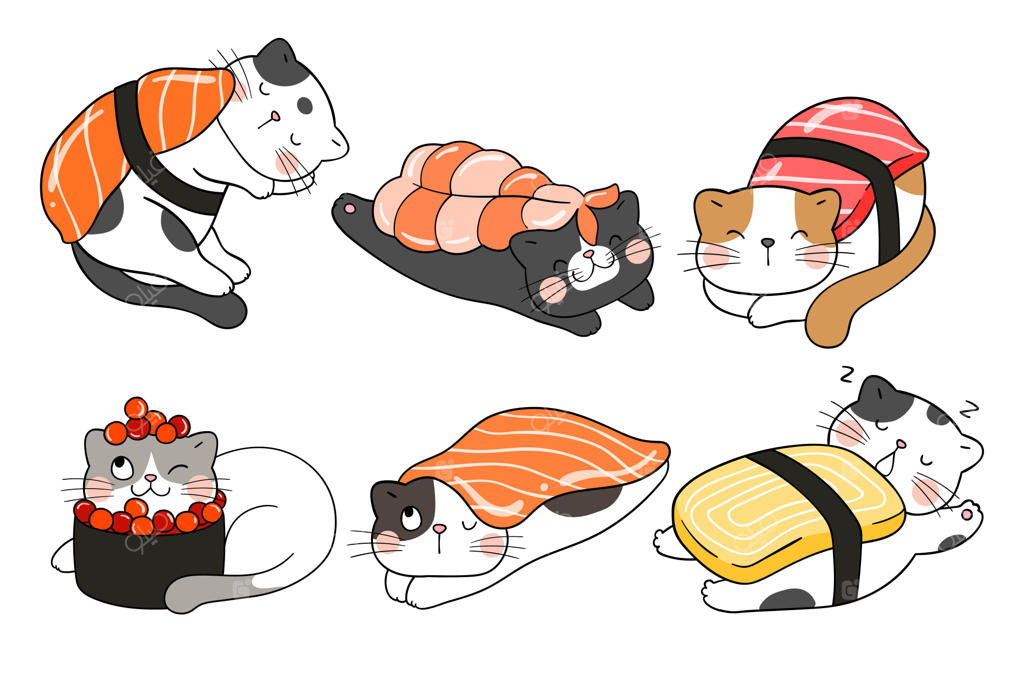 مجموعه طراحی شخصیت وکتور: گربه‌های سوشی بامزه به سبک دودل و کارتونی