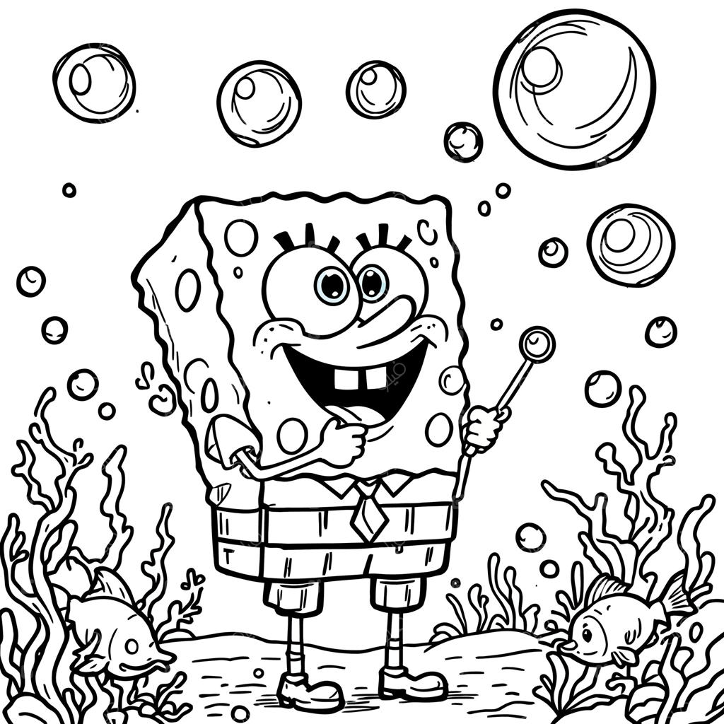 صفحه رنگ‌آمیزی باب اسفنجی در زیر آب: شخصیت کارتونی، حباب‌ها و ماهی‌های گرمسیری در کنار گیاهان آبزی