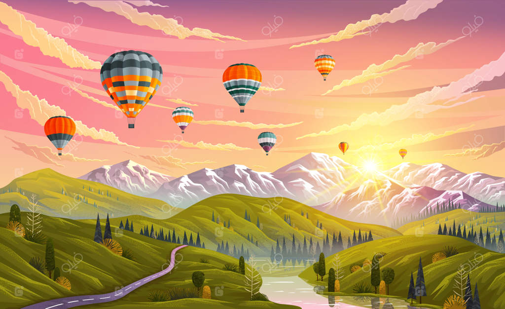 بالون‌های هوای گرم رنگارنگ در حال پرواز بر فراز کوه‌ها: برنامه‌ریزی سفر تابستانی
