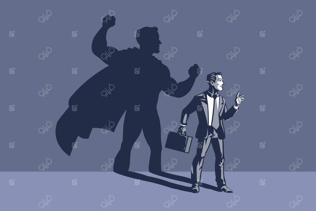 کسب‌وکارمردی که سایه‌اش پشت سرش قرار دارد. تصویر مفهومی از قدرت و توانایی پنهان یک تاجر