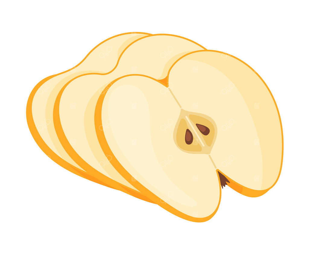 برش‌های سیب زرد رسیده، میوه تازه باغ. کلیپ‌آرت مواد غذایی  با دست کشیده شده. برش‌های سیب زرد تازه، به سبک مسطح و جدا شده روی پس‌زمینه شفاف.