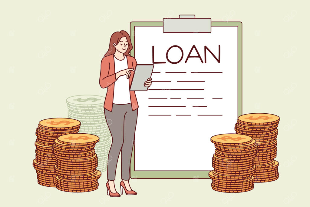 قرارداد وام روی کلیپ‌بورد در کنار زنی که برای تأمین مخارج یا خرید ملک وام می‌گیرد