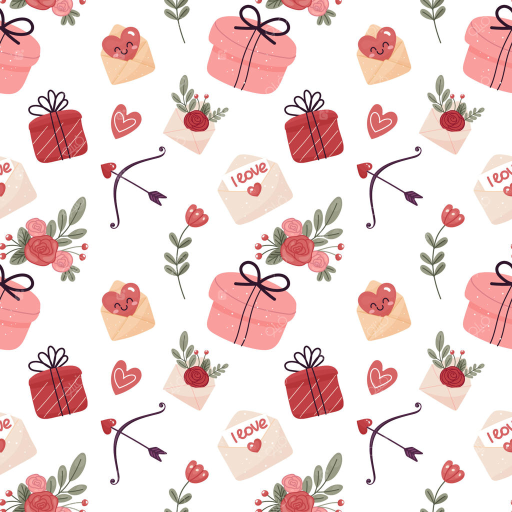 طرح یکپارچه برای روز ولنتاین با گل‌ها، قلب‌ها و نامه‌ها. مناسب برای کاغذ کادو و پس‌زمینه.