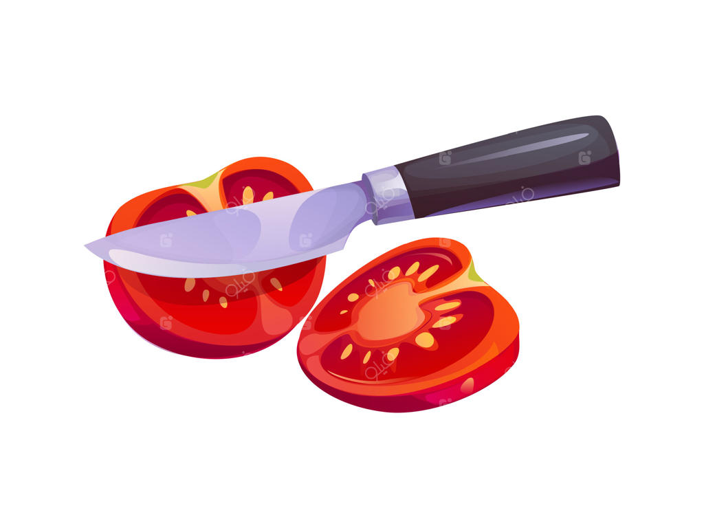 چاقویی که گوجه‌فرنگی را نصف می‌کند، مواد اولیه تازه