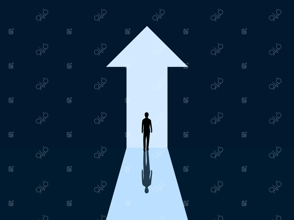 توسعه، موفقیت، فرصت؛ عبور یک تاجر از در به شکل پیکان رو به رشد