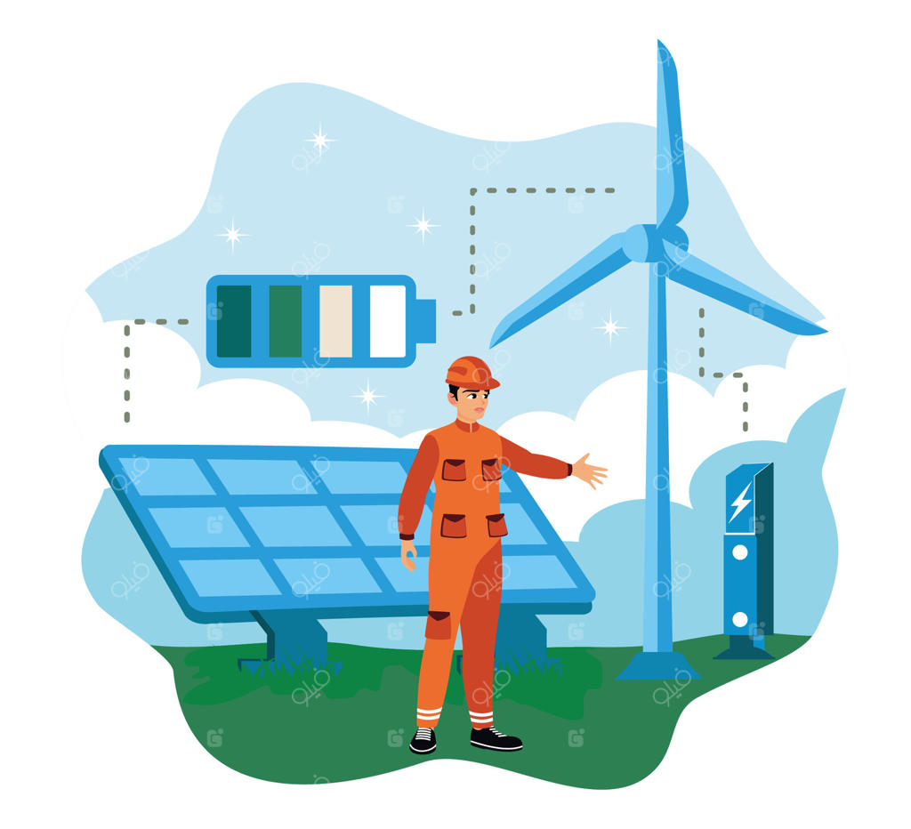 مفهوم انرژی تجدیدپذیر با پنل‌های خورشیدی و توربین‌های بادی.