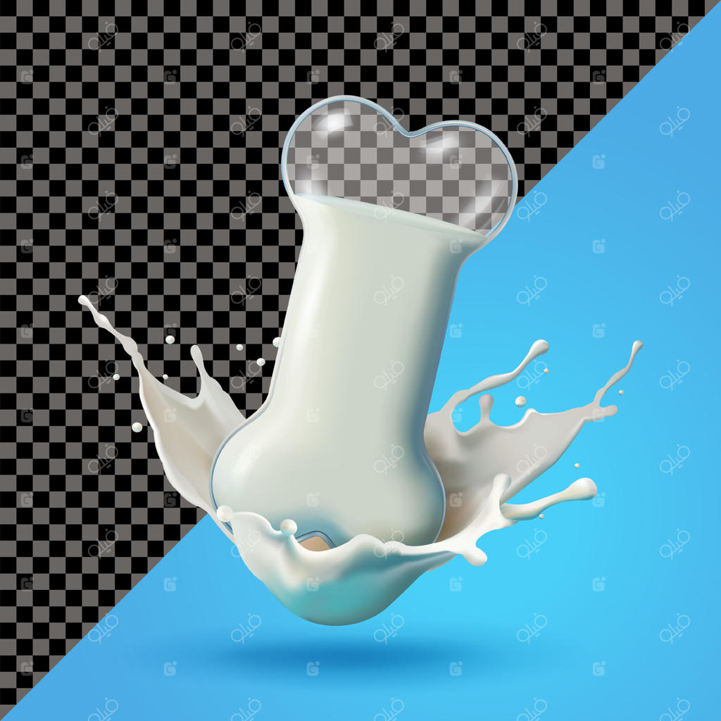 لیوان شیر به شکل استخوان با پاشیدن شیر، سه‌بعدی. مناسب برای سلامتی و تجارت