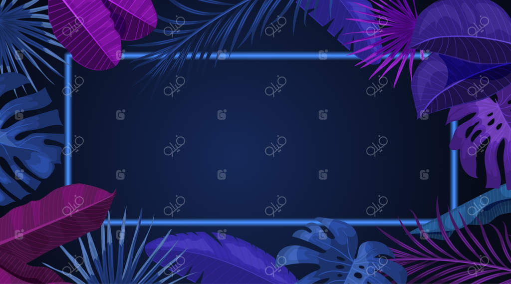 قالب طراحی بنر گرمسیری. طرح نئون تیره با قاب باریک نورانی. برگ‌های نخل و مونسترا. مناسب برای دعوت‌نامه‌ها، بروشورها و پوسترهای مهمانی. تصویرسازی وکتور.