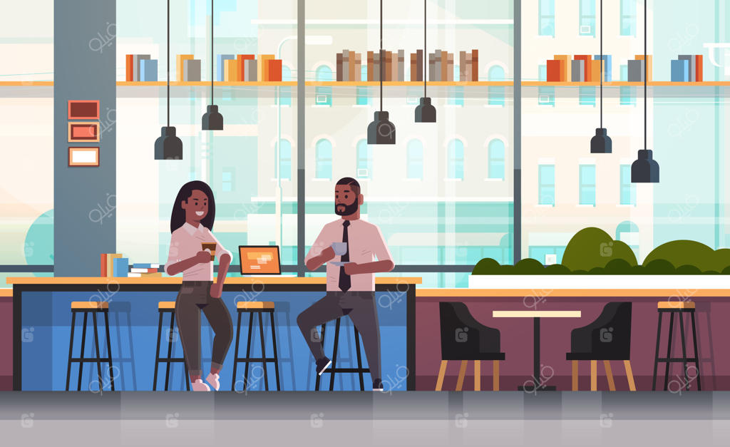 یک زوج بر روی صندلی در کنار پیشخوان بار با لپ‌تاپ؛ مفهوم استراحت با قهوه در کافه مدرن - زن و مرد در حال نوشیدن کاپوچینو در طول ملاقات