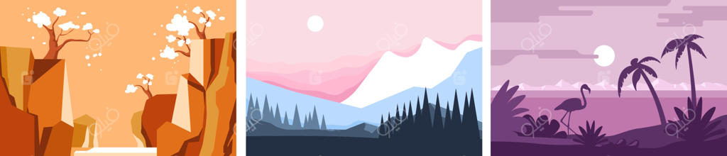 وکتور مناظر، کوه‌ها و غروب استوایی