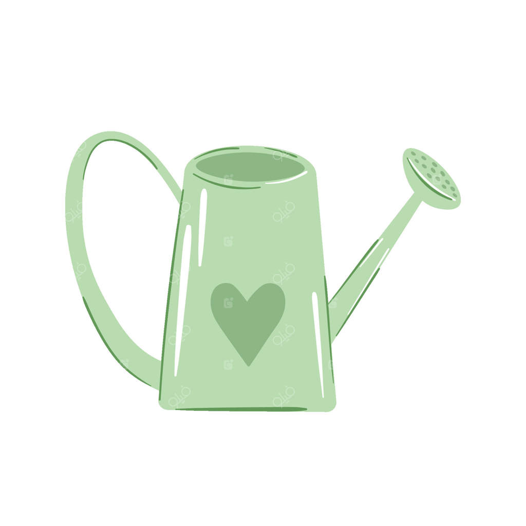 آب‌پاش باغچه‌ای سبز با قلب. نقاشی دستی و ساده. ابزار باغبانی برای آبیاری گیاهان