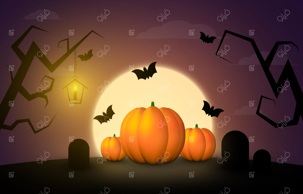 تعطیلات هالووین: سه کدو، ماه، درختان و قبرها.