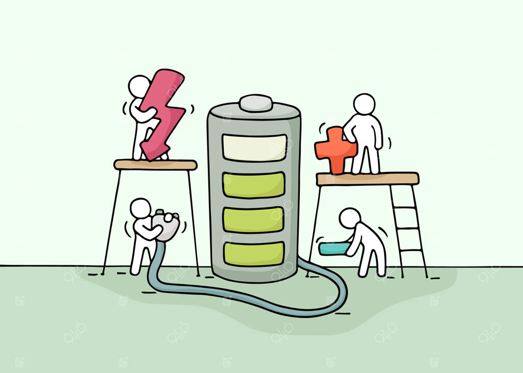 طرح افرادی کوچک در حال کار با باتری. صحنه جالبی از کارگران کوچک و شارژر. نقاشی کارتونی دست ‌کشیده.