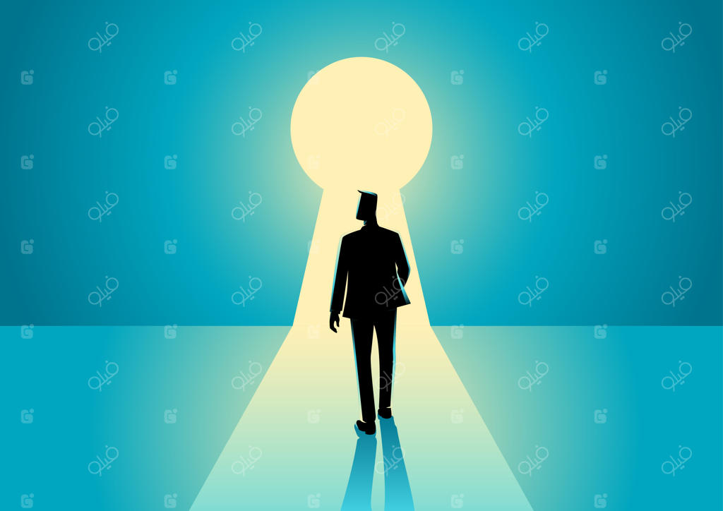 سیلوئت مرد تاجر ایستاده در مقابل سوراخ کلید