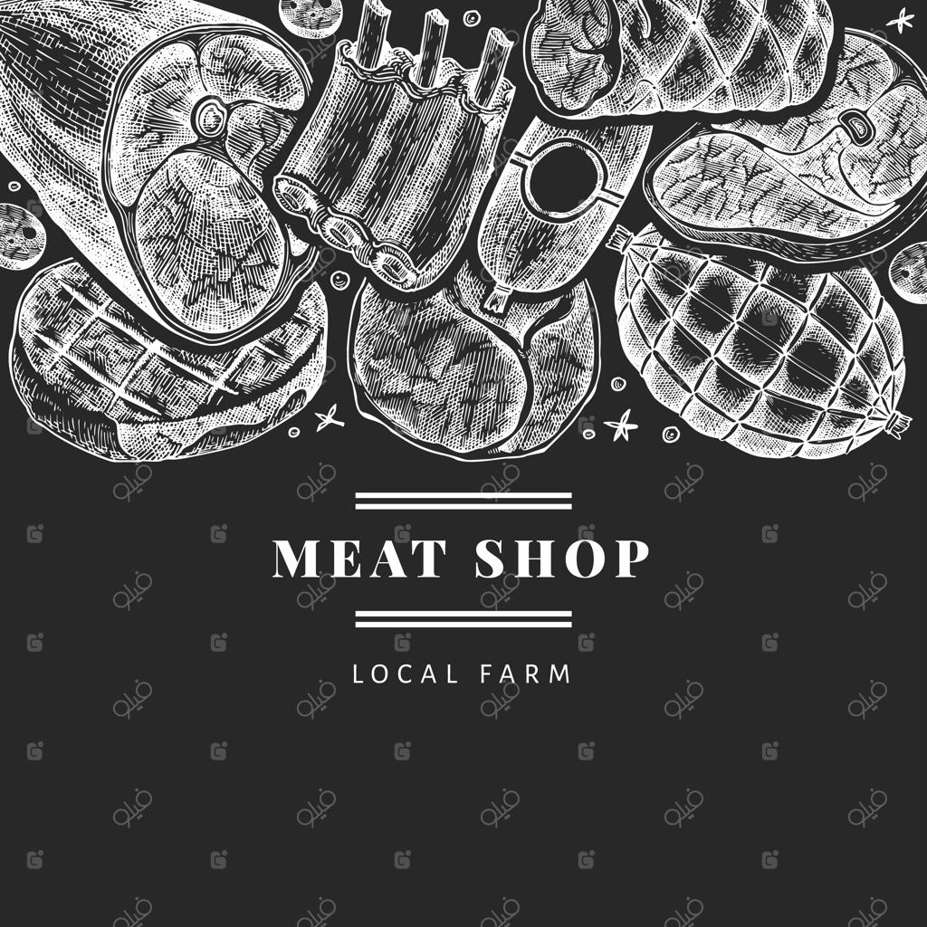 طرح طراحی محصولات گوشتی کلاسیک. طراحی دستی ژامبون، سوسیس، ژامبون، ادویه‌ها و گیاهان. تصویرسازی قدیمی روی تابلو گچی. مناسب برای منوی رستوران.