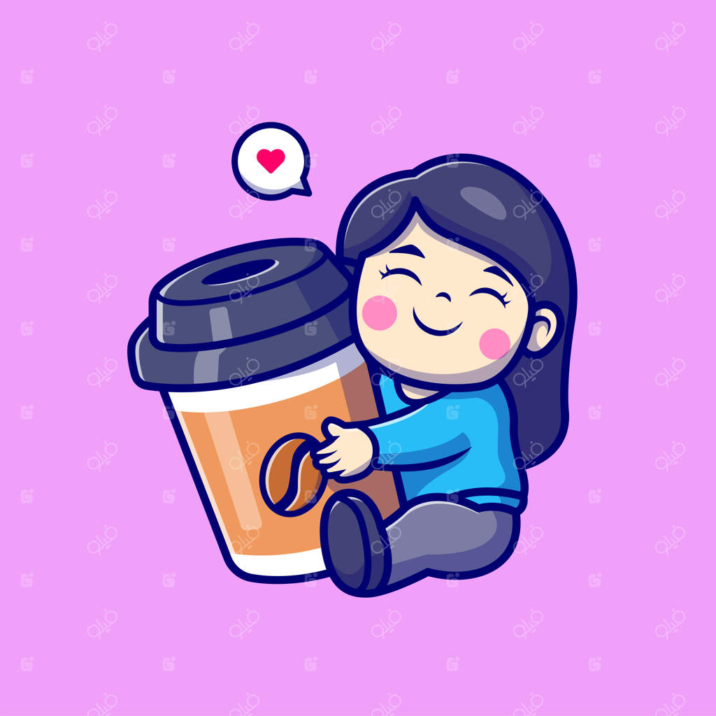 آیکون وکتور کارتونی دختر بامزه در حال بغل کردن فنجان قهوه. مفهوم آیکون نوشیدنی افراد، تخت و ایزوله‌شده.