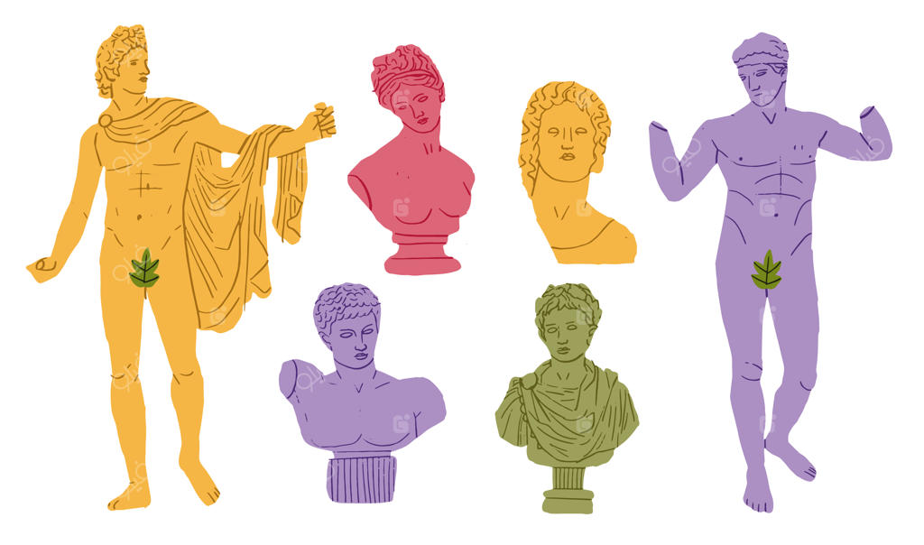 مجموعه‌ای از مجسمه‌های باستانی یونانی و اشکال یادبود کلاسیک قدیمی در رنگ‌های روشن. فرهنگ یونان