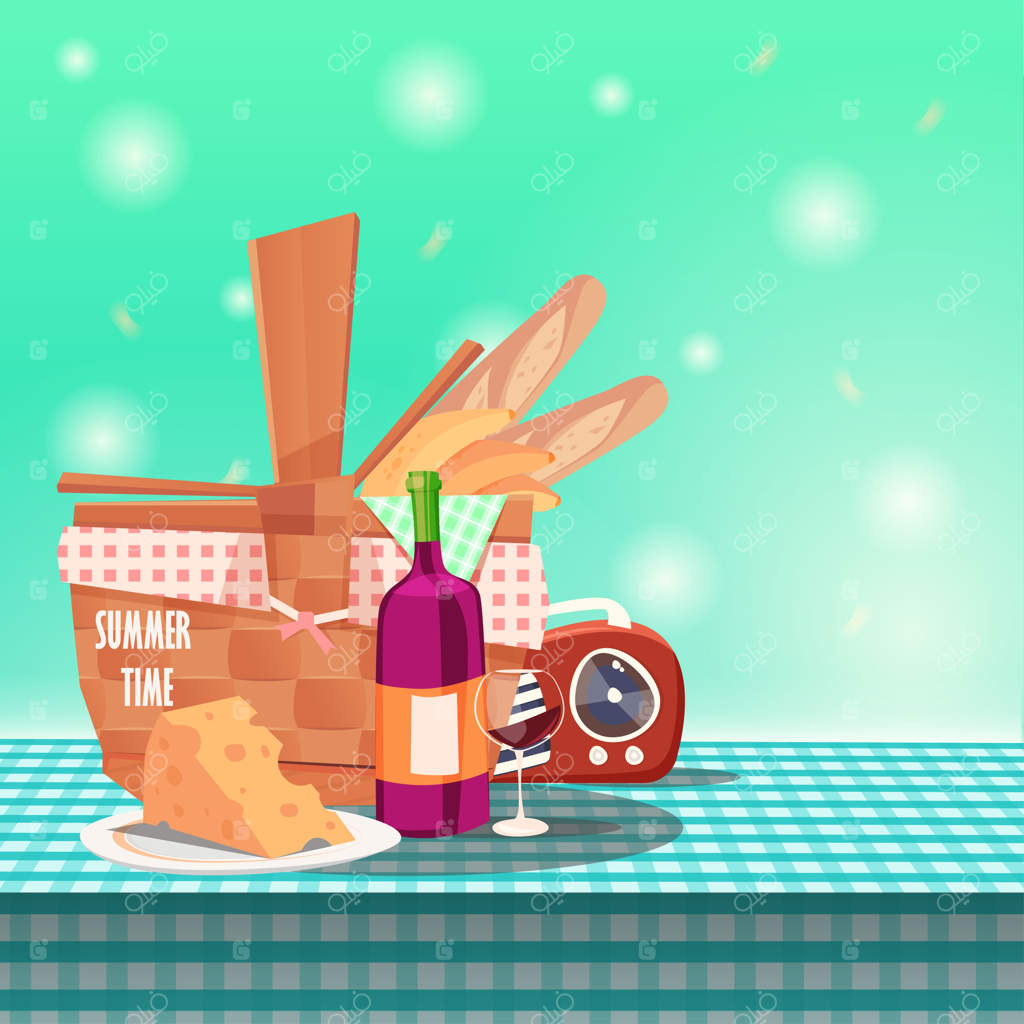 سبد پیک‌نیک روی سفره پیک‌نیک