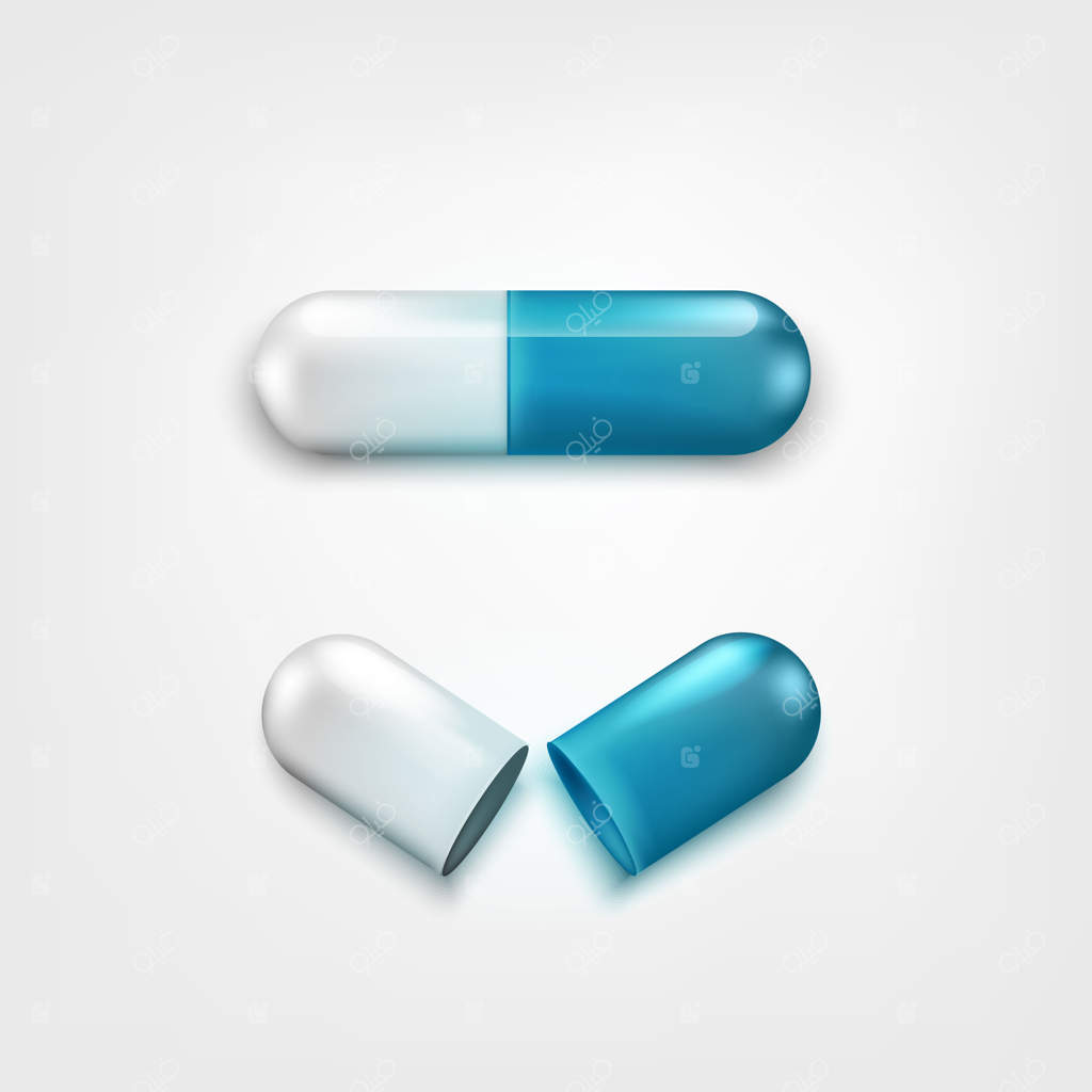 دو کپسول سفید و آبی روی پس‌زمینه سفید. یکی باز و یکی بسته. پس‌زمینه‌ای مناسب برای داروخانه یا فروشگاه دارویی. بخشی از مفاهیم پزشکی و داروسازی.