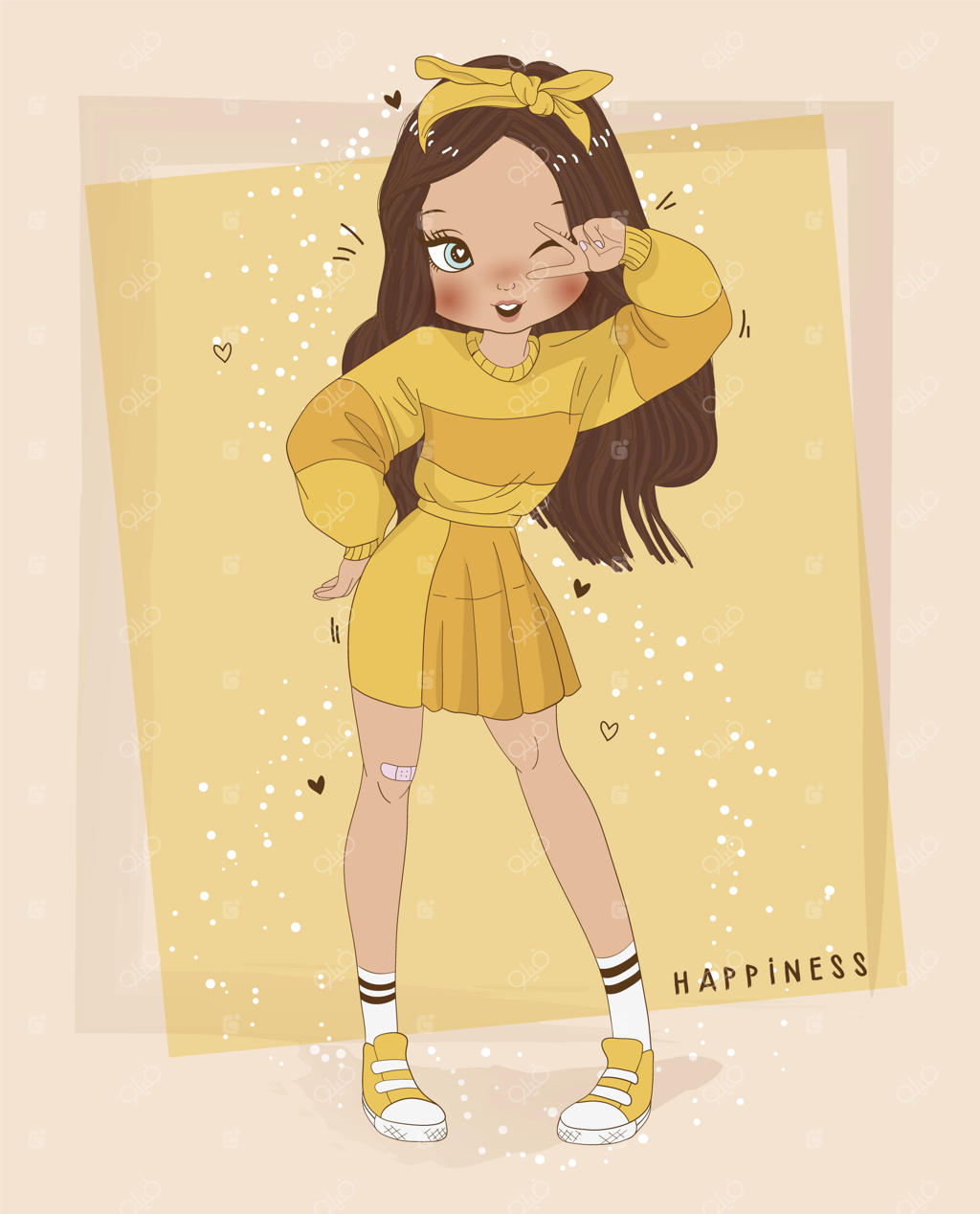 نقاشی دستی دختر بامزه با پس‌زمینه