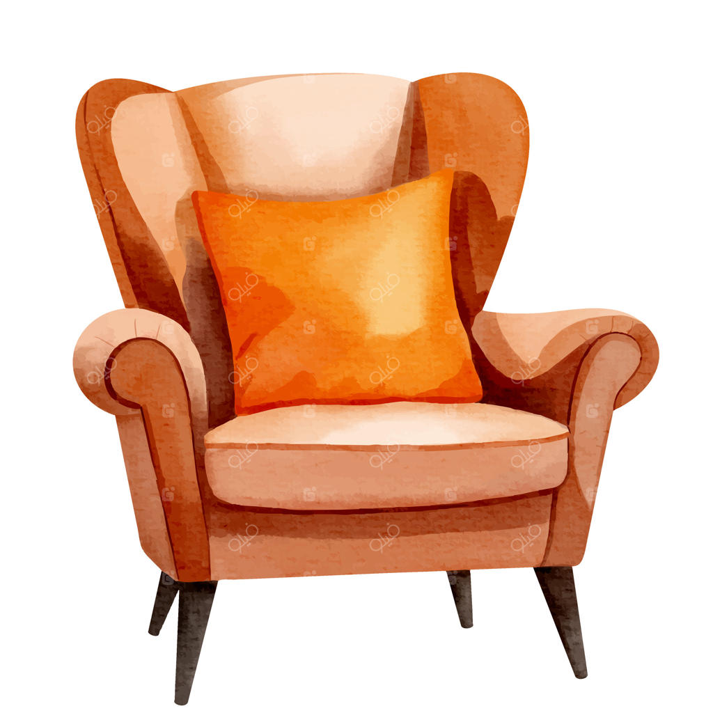 تصویر نقاشی شده با دست از یک صندلی راحتی پاییزی با بالش. ایده‌آل برای طراحی داخلی در فصل پاییز