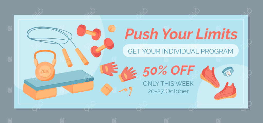 طراحی بنر تجهیزات ورزشی رنگارنگ. طناب، کفش‌های ورزشی و کتل بل نماد تناسب اندام و سبک زندگی سالم. پس‌زمینه‌ای پویا برای بنرها یا پوسترهای تبلیغ تمرین‌های ورزشی