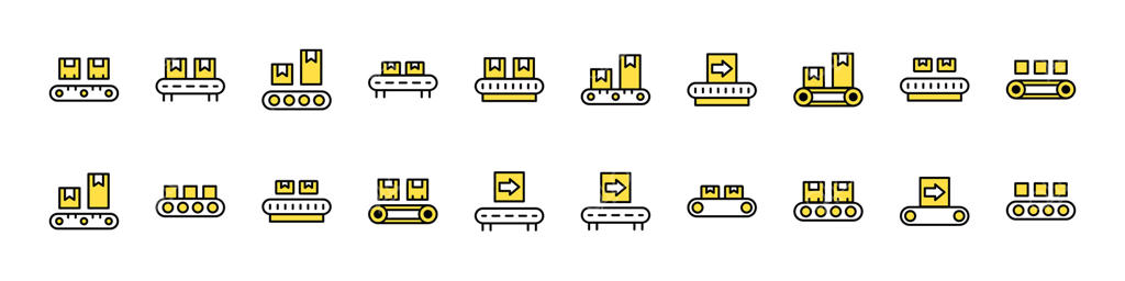 مجموعه آیکون‌های رنگی پر شده از نوار نقاله. پیکتوگرام خطی مینیمالیستی برای طراحی وب و گرافیک، اپلیکیشن‌ها، بنرها، شبکه‌های اجتماعی و کارت‌ها