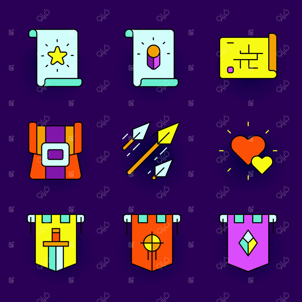 کاوش در آیکون‌های رنگارنگ ماجراجویی و فانتزی به صورت وکتور حرفه‌ای