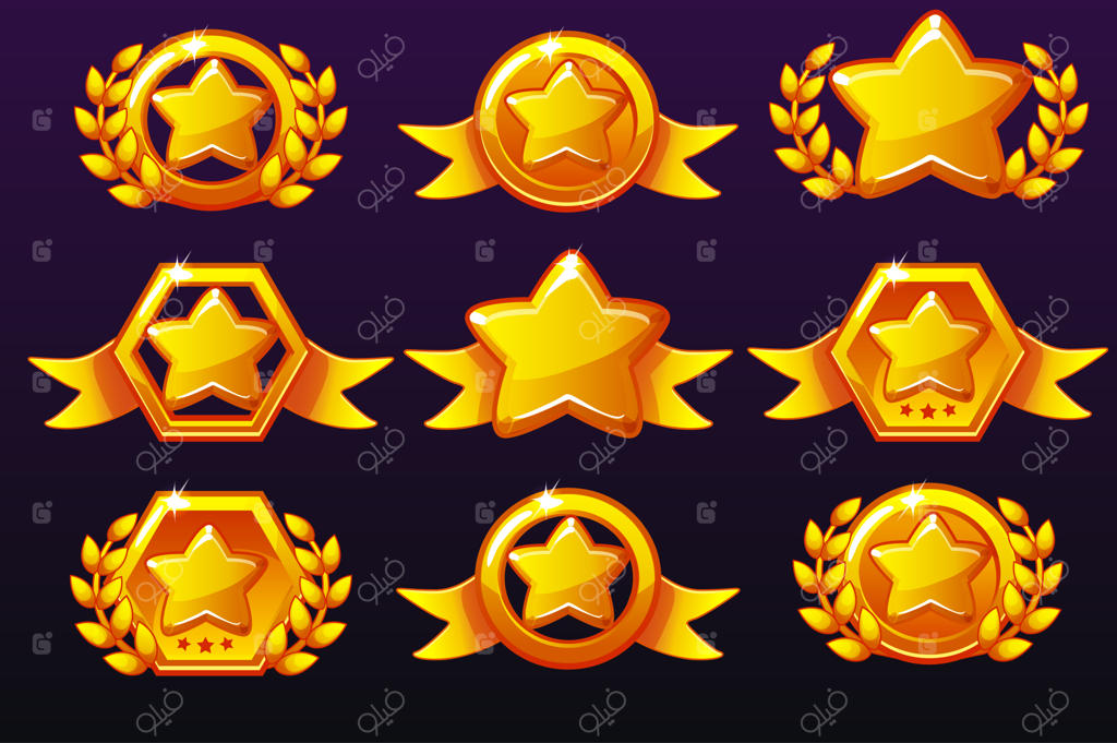 قالب‌های طلایی و آیکون‌های ستاره برای جوایز و بازی‌های موبایل.