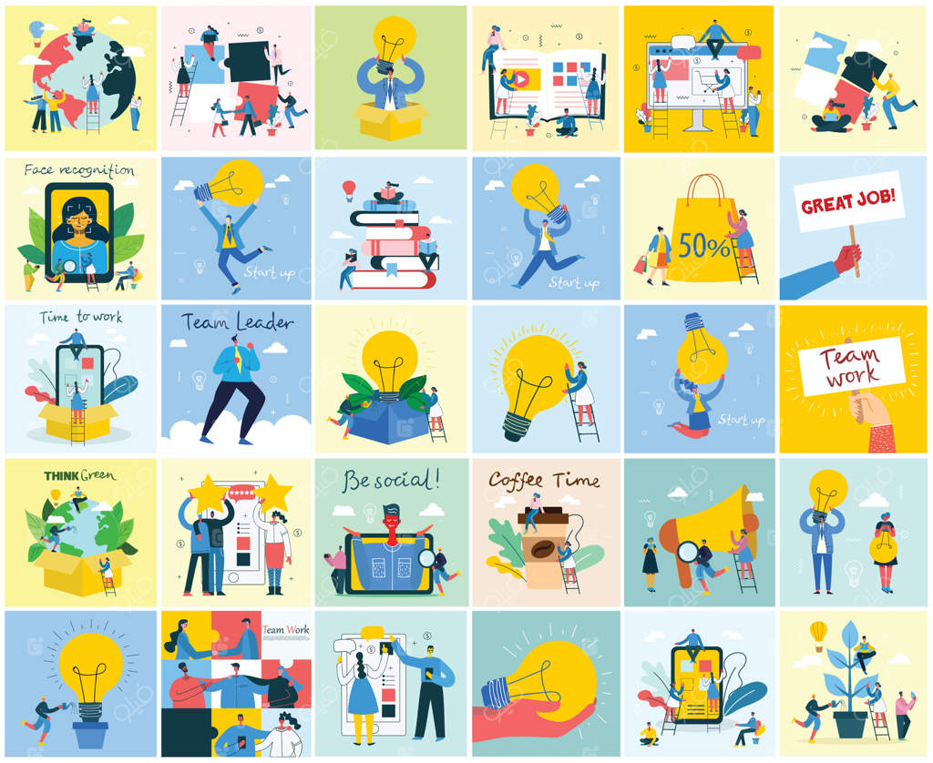 تصویرسازی مفهومی وکتور: پس‌زمینه‌های تجاری استارتاپ با لامپ‌های روشن در سبک مدرن.