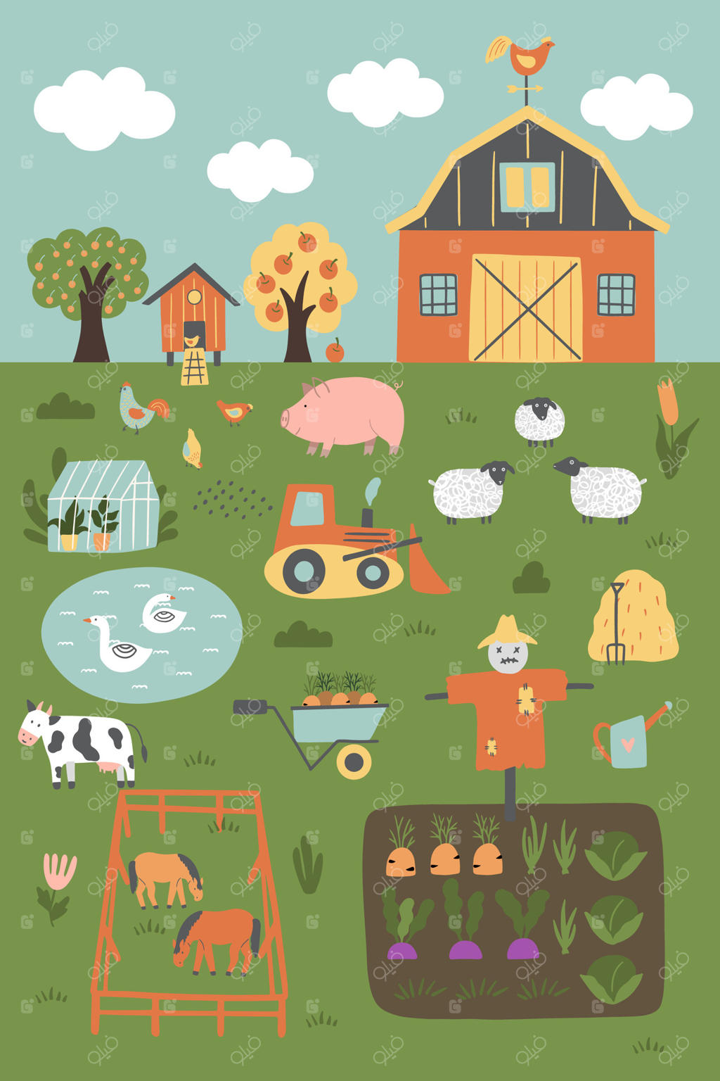 پس‌زمینه مزرعه با خانه روستایی، حیوانات، باغ، درختان و تراکتور.