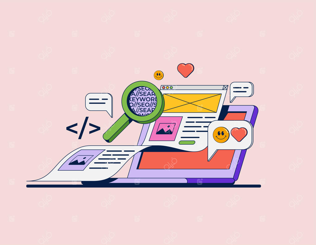 تصویرسازی مفهومی توسعه وب، کدنویسی و سئو با المان‌های کامپیوتر و بازاریابی