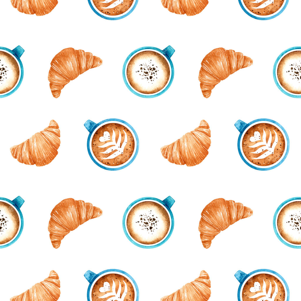 پترن یکپارچه آبرنگی با کروسان‌های تازه و فنجان‌های قهوه آبی با کاپوچینو معطر